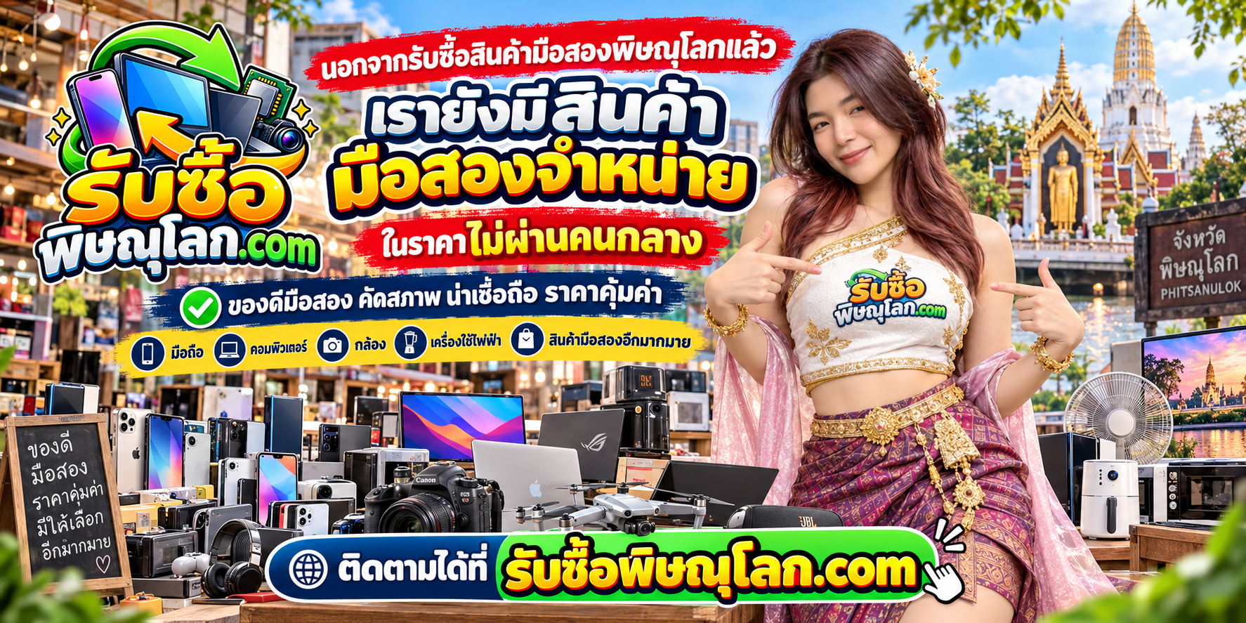 แบนเนอร์รับซื้อสินค้ามือสองพิษณุโลก ในราคาที่พิจารณาจากสภาพจริง คอมพิวเตอร์ โน้ตบุ๊ก มือถือ กล้อง และไอที